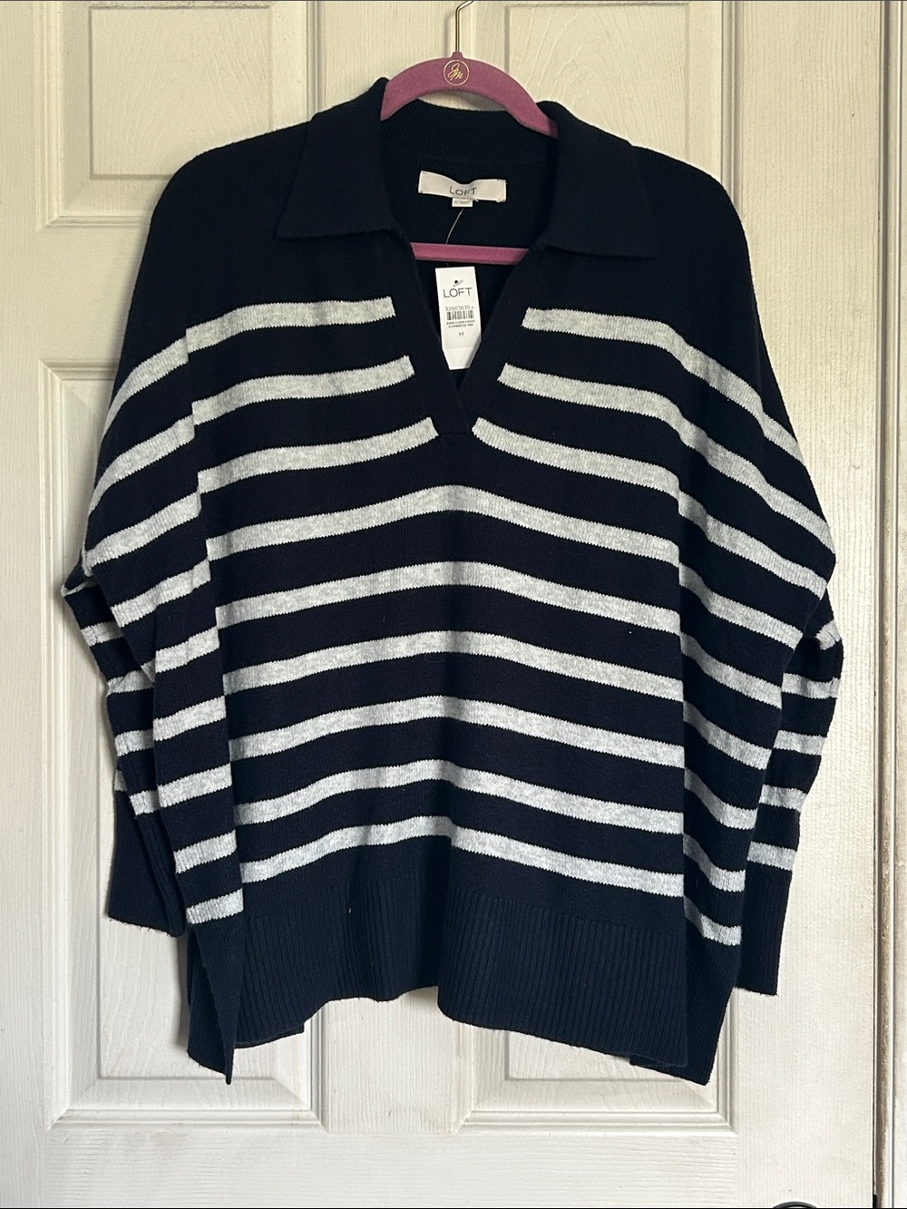 NWT LOFT blue/white stripe long sleeve collared sweater size medium